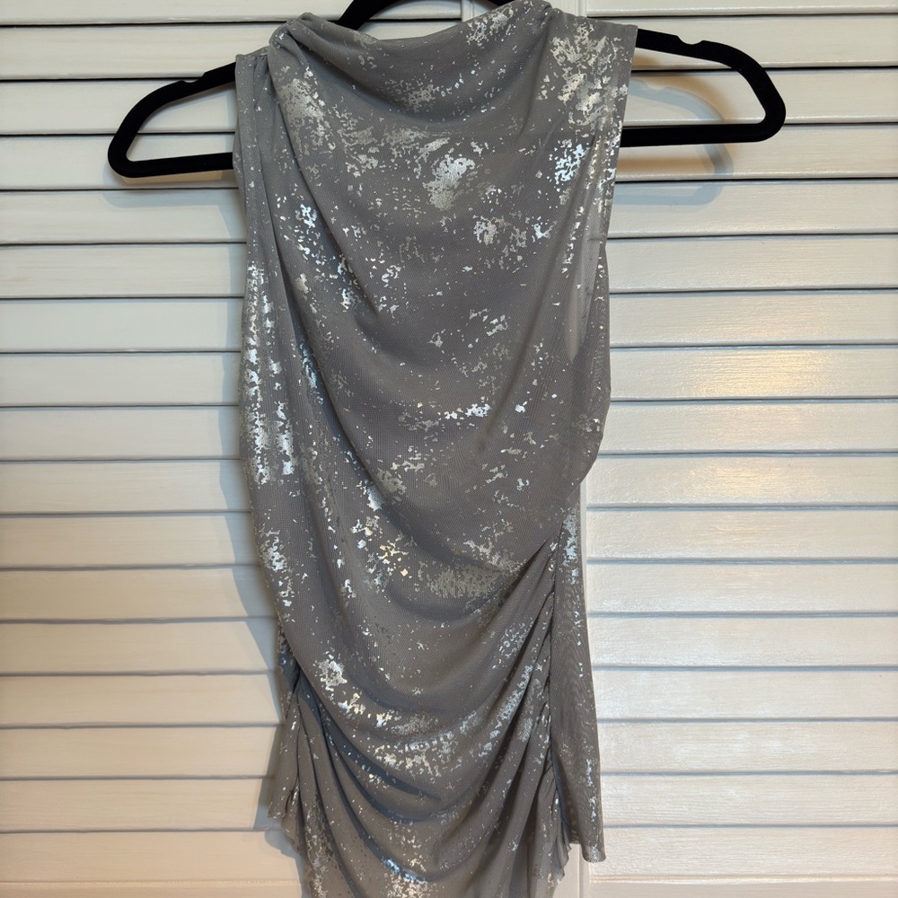 Gray Sleeveless Draped Top with Silver Accents